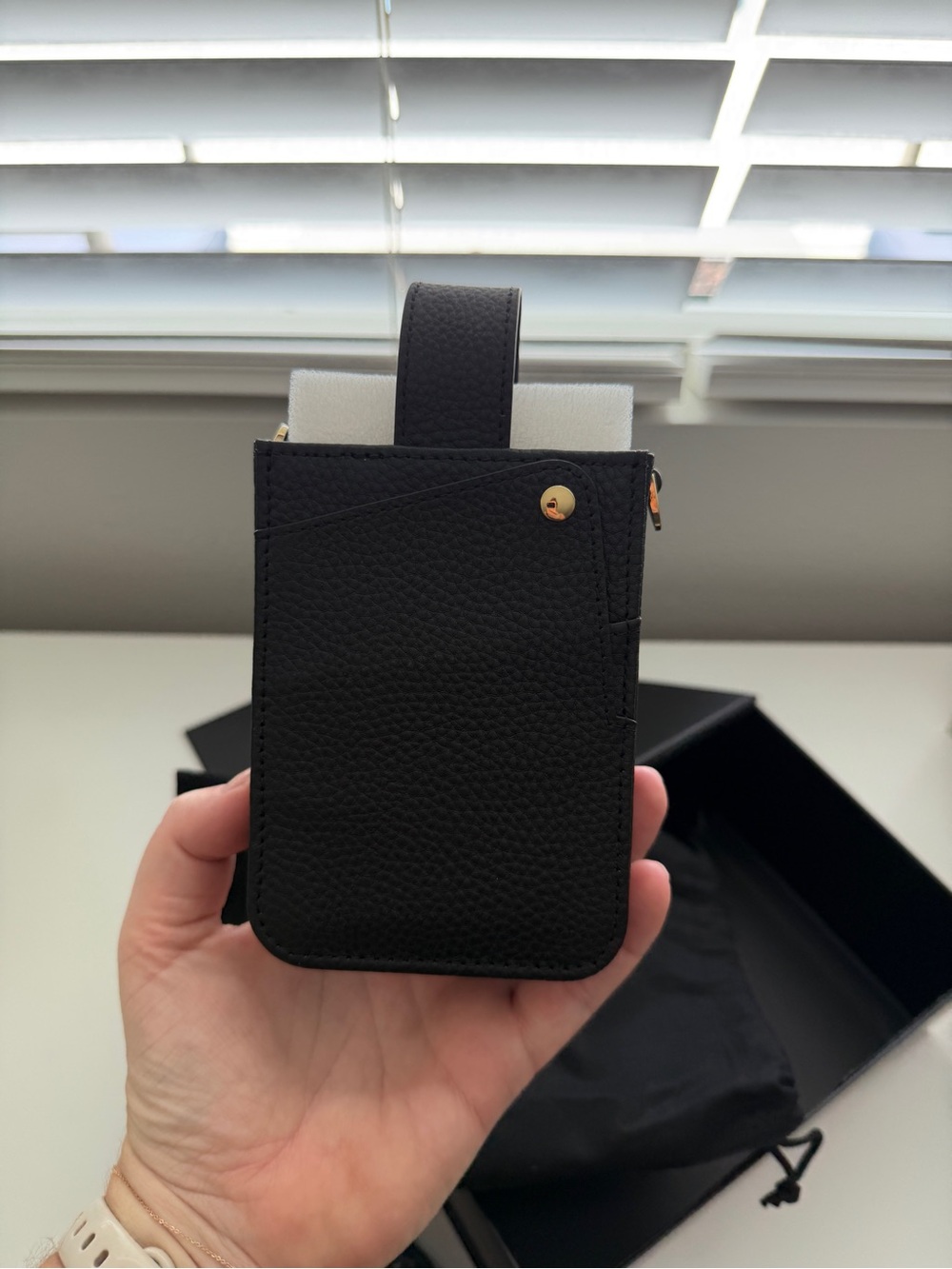 Bandolier Black Pebbled Leather Crossbody Phone Pouch with Gold Accents - Picture 2 of 9